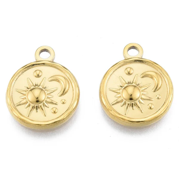 Pendentif rond soleil et lune doré à l'or fin 18K - 19 x 15 mm