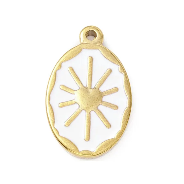 Pendentif émaillé en acier inoxydable doré - Soleil blanc- 23 x 14 mm