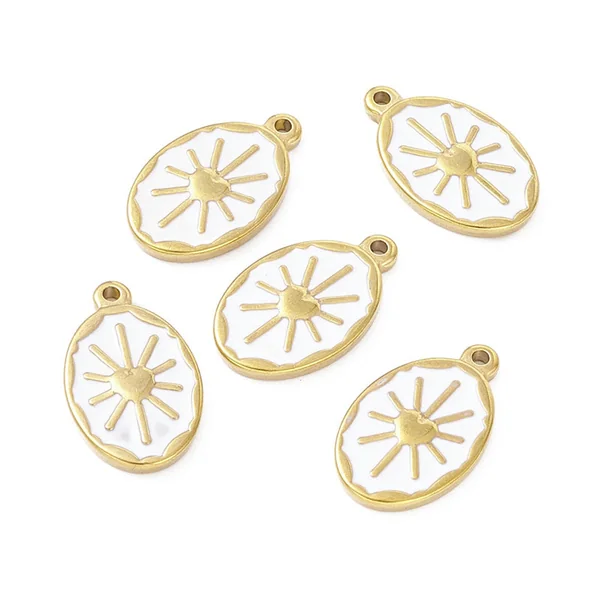 Pendentif émaillé en acier inoxydable doré - Soleil blanc- 23 x 14 mm