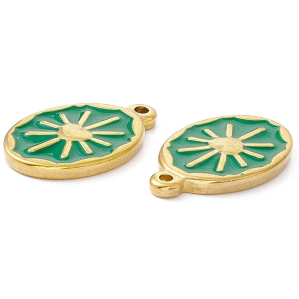 Pendentif émaillé vert - Soleil ovale - 23 x 14 mm - doré et acier inox