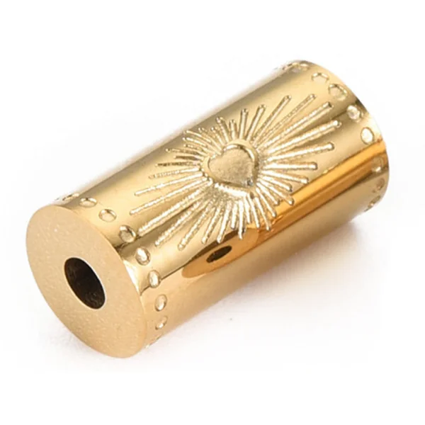 Perle talisman - Colonne avec cœur - Doré à l'or fin 14 K - 12 mm