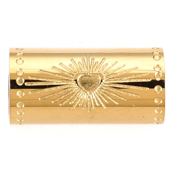 Perle talisman - Colonne avec cœur - Doré à l'or fin 14 K - 12 mm