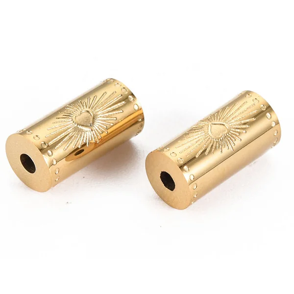 Perle talisman - Colonne avec cœur - Doré à l'or fin 14 K - 12 mm