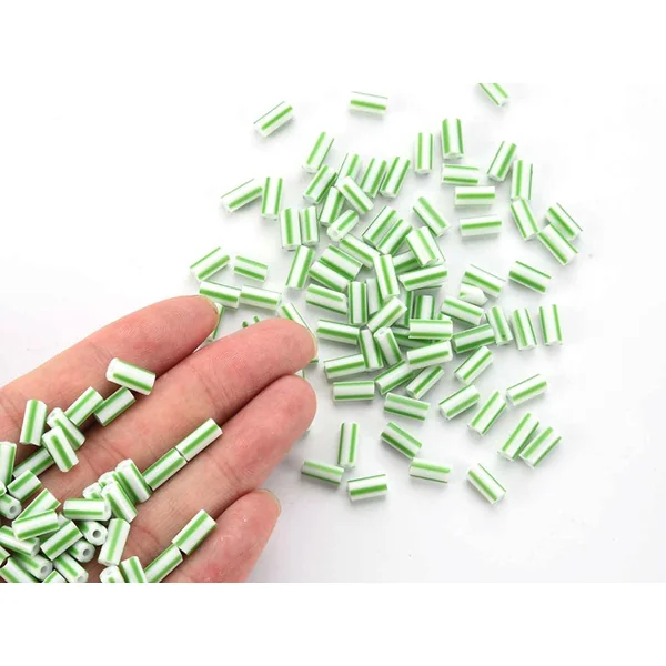 Perles tubes bugles - Rayures vertes - 8 mm - 10 g