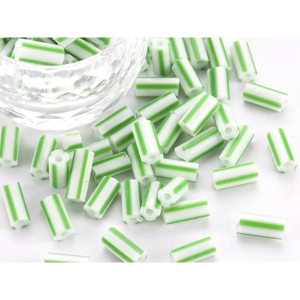 Perles tubes bugles - Rayures vertes - 8 mm - 10 g