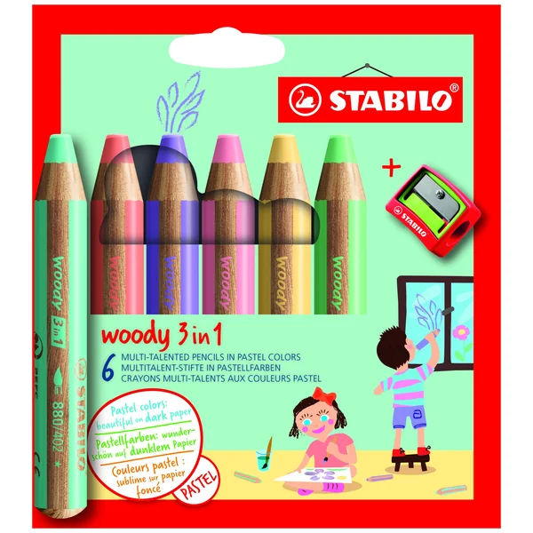 Pochette de 6 crayons de couleurs STABILO Woody 3 en 1 teintes Pastel + taille-crayon