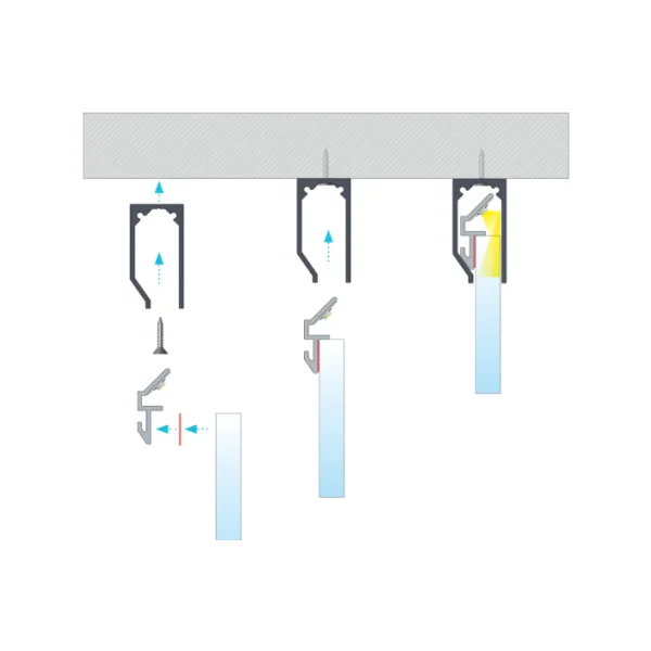 Profilé aluminium ruban led Type l6 pour plaques verre ou plexiglass 6 à 8mm barre de 2m