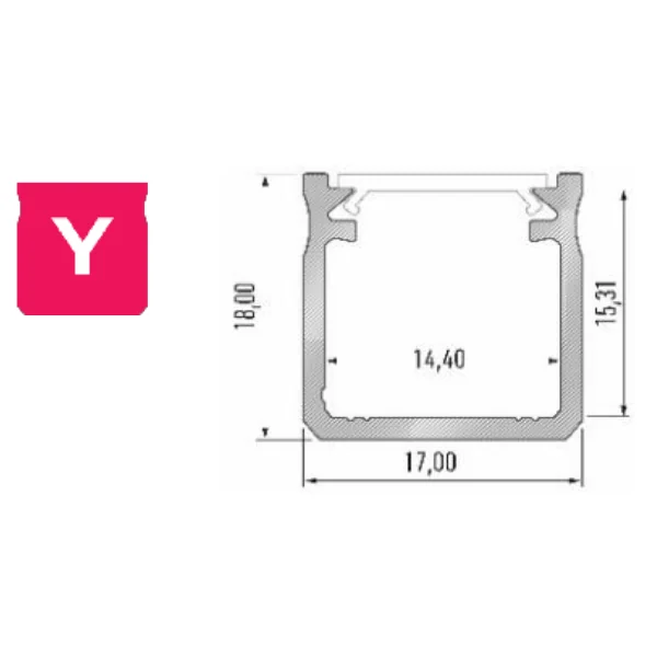 Profilé aluminium TypeY 17X18mm pour ruban de led de 2m