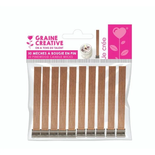 Sachet de 10 mèches bougie en pin et socle en métal - 2 cm de largeur