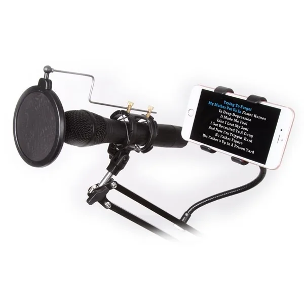 Support micro + smartphone sur doubles bras reglables avec suspension avec filtre et fixation table