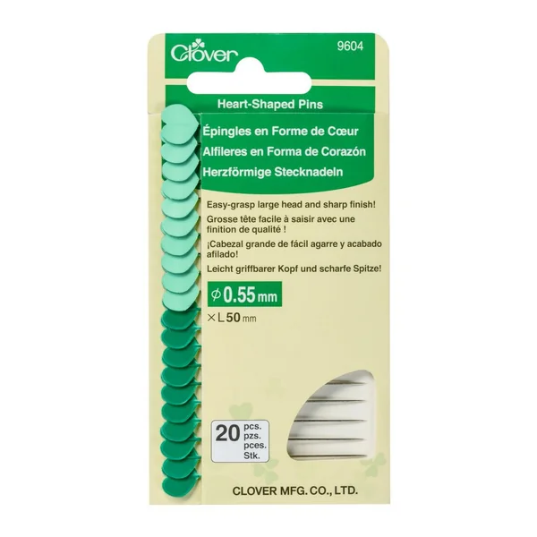 Épingles à tête forme cœur Clover, spéciales couture à la machine et repassage, 20 pc.