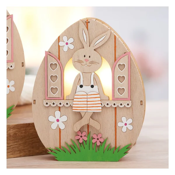 Œuf en bois à éclairage LED VBS « Lapin à la fenêtre »