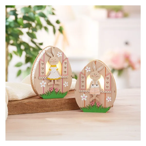 Œuf en bois à éclairage LED VBS « Lapin à la fenêtre »