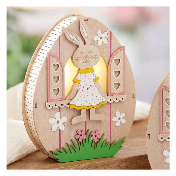Œuf en bois à éclairage LED VBS « Lapine à la fenêtre »